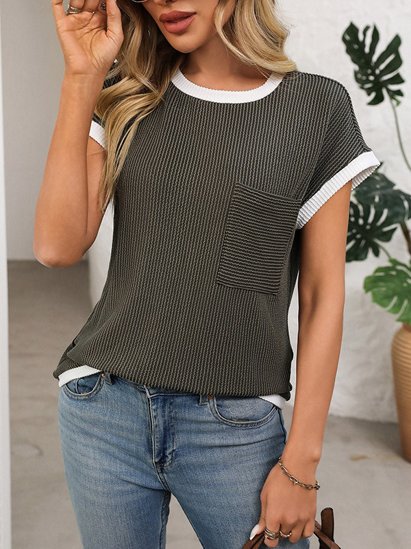 Pockets Contrast Color Colorful Short Sleeves Loose Round-neck T-Shirts Tops
