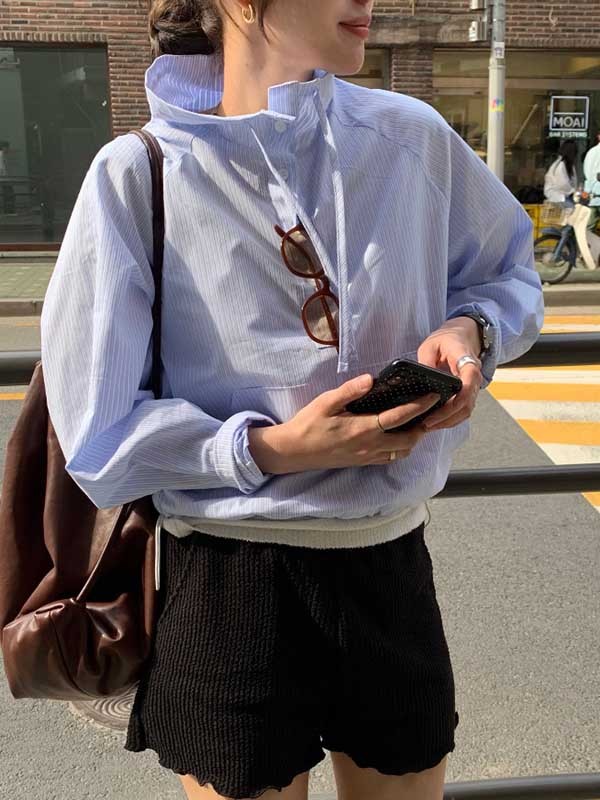 Sun Protection Striped Pockets Drawstring Loose Long Sleeves Stand Collar Sweatshirt Tops Outerwear