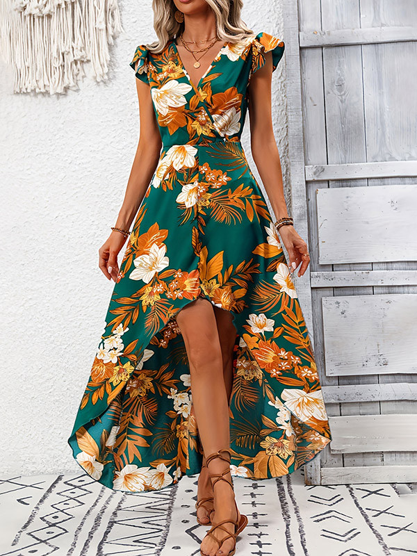 Split-Joint Flower Print Ruffle Sleeves Loose V-Neck Maxi Dresses