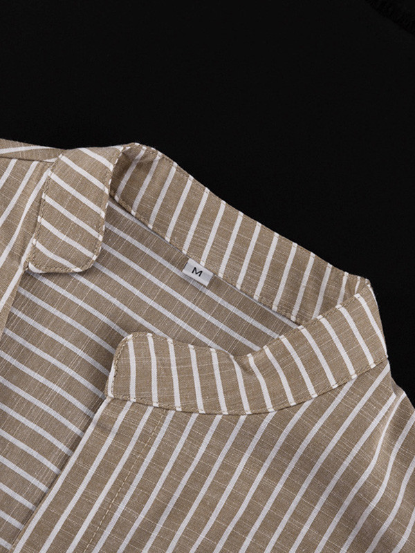 Striped Split-Toe Pleated Puff Sleeves Loose V-neck Blouses&shirts Tops