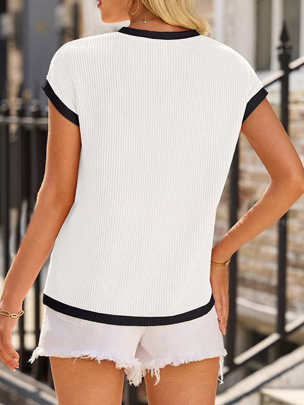 Pockets Contrast Color Colorful Short Sleeves Loose Round-neck T-Shirts Tops