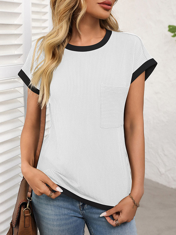 Pockets Contrast Color Colorful Short Sleeves Loose Round-neck T-Shirts Tops