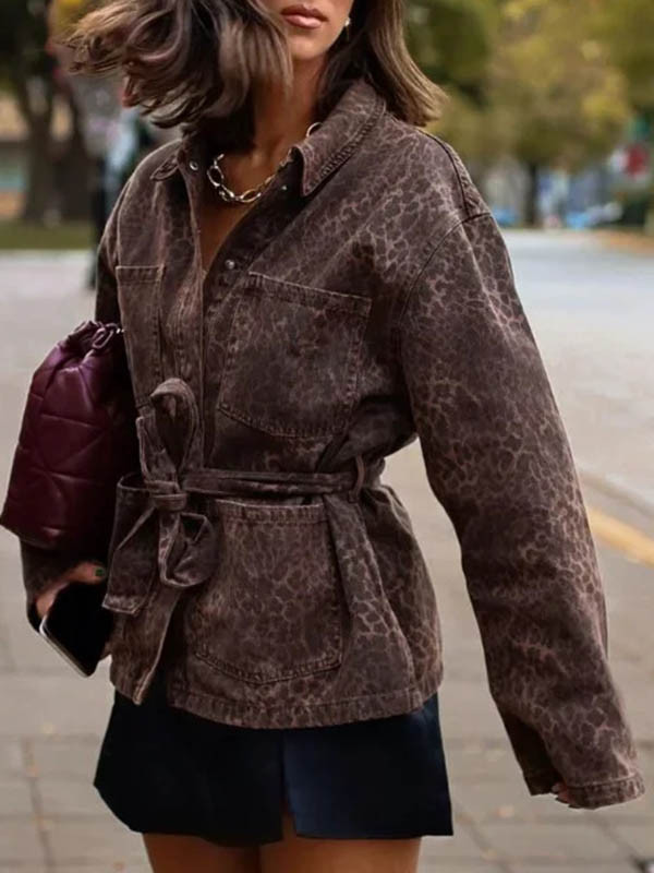 Tied Waist Leopard Loose Long Sleeves Blouses&shirts Tops
