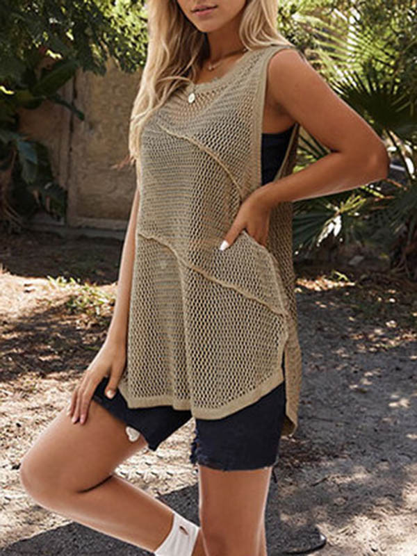 Split-Joint Solid Color Hollow Sleeveless Loose Round-neck Vest Top