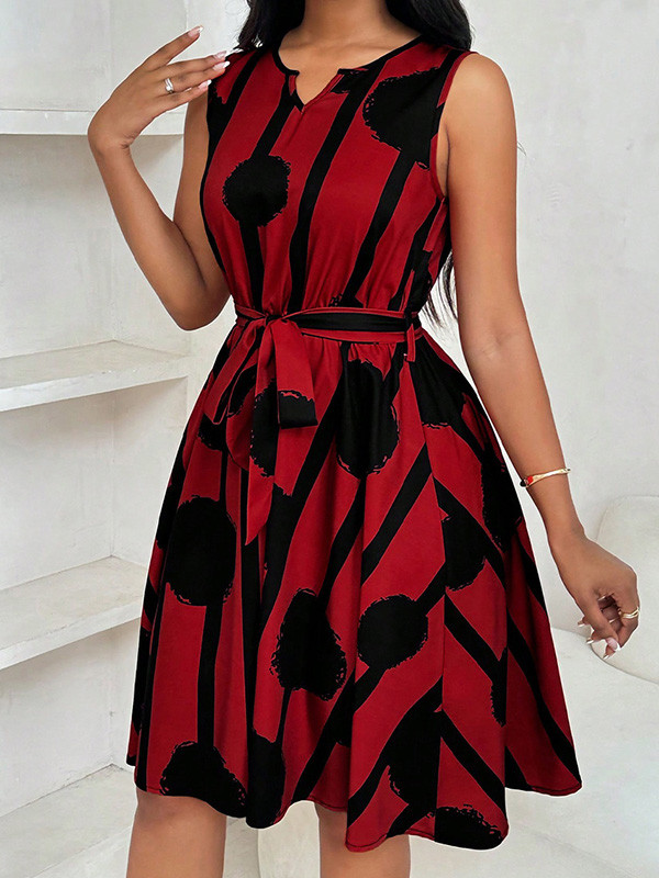 Tied Waist Contrast Color Sleeveless Loose Round-Neck Mini Dresses