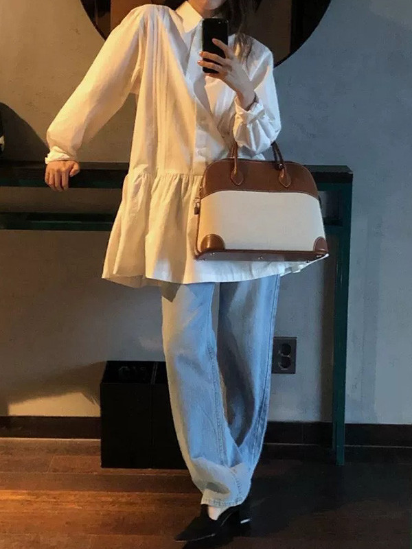 Solid Color Pleated Buttoned Loose Long Sleeves Lapel Shirt Dress Mini Dresses