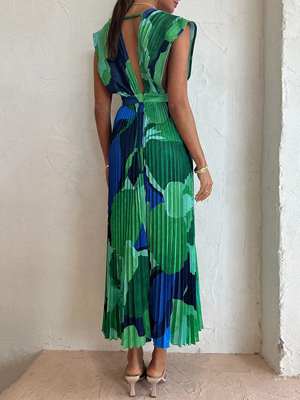 Split-Joint Printed Pleated Sleeveless Loose Deep V-Neck Maxi Dresses Evening Dresses