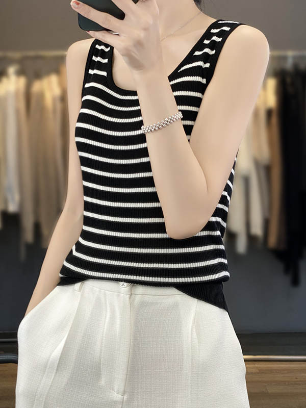 Striped Contrast Color Sleeveless Loose U-Neck Vest Top
