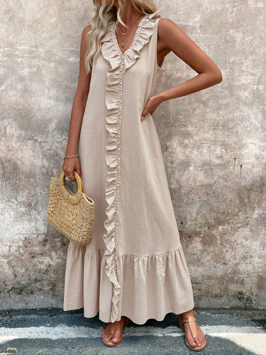 Solid Color Ruffle Trim Pleated Sleeveless Loose V-Neck Maxi Dresses