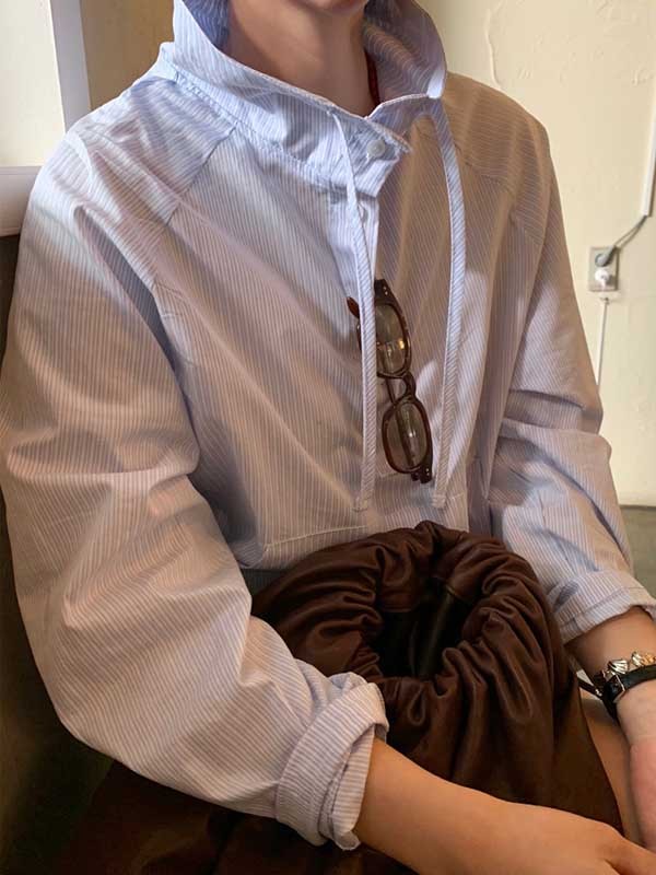 Sun Protection Striped Pockets Drawstring Loose Long Sleeves Stand Collar Sweatshirt Tops Outerwear