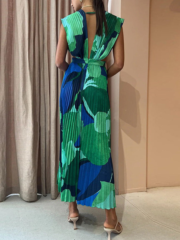 Split-Joint Printed Pleated Sleeveless Loose Deep V-Neck Maxi Dresses Evening Dresses