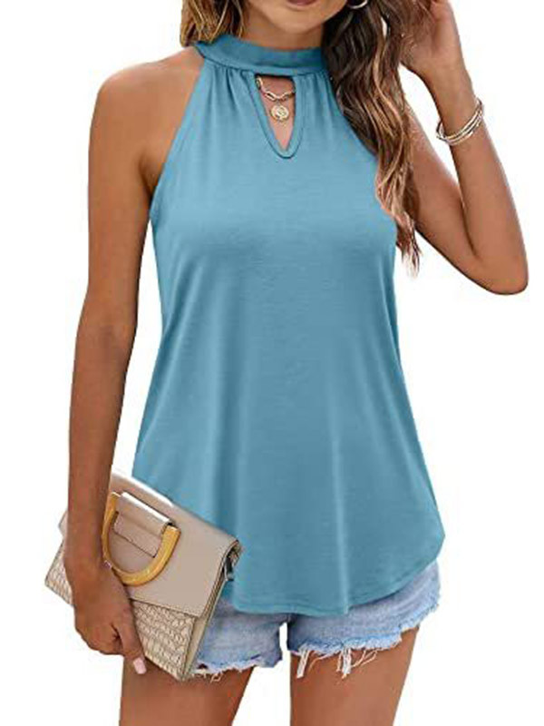 Tied Solid Color Pleated Hollow Colorful Sleeveless Loose Halter-Neck Vest Top