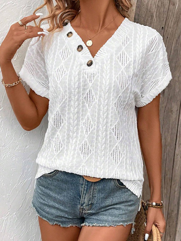 Solid Color Buttoned Short Sleeves Loose V-Neck T-Shirts Tops