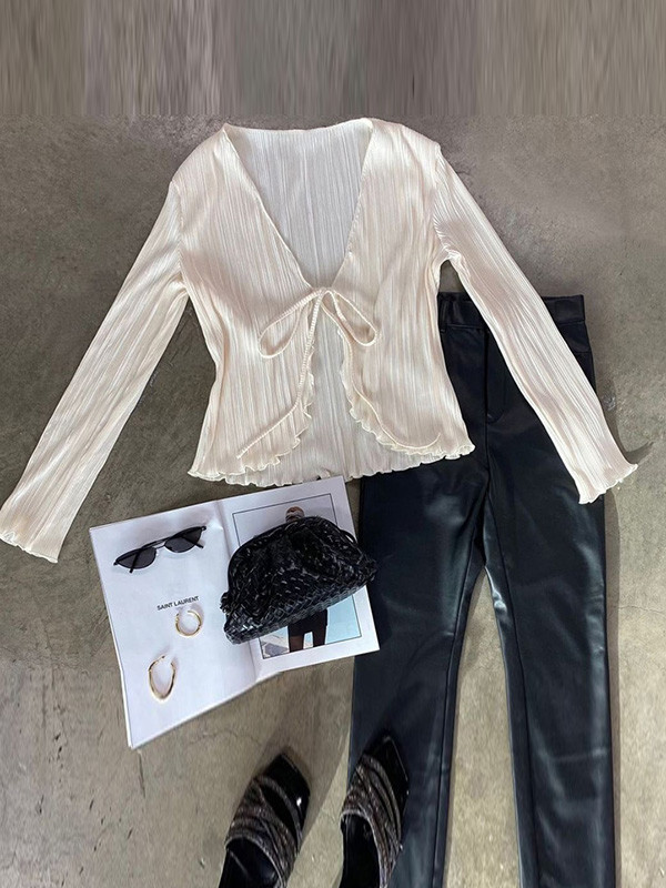 Split-Joint Solid Color Pleated Lace-Up Loose Long Sleeves Deep V-Neck Blouses&Shirts Tops