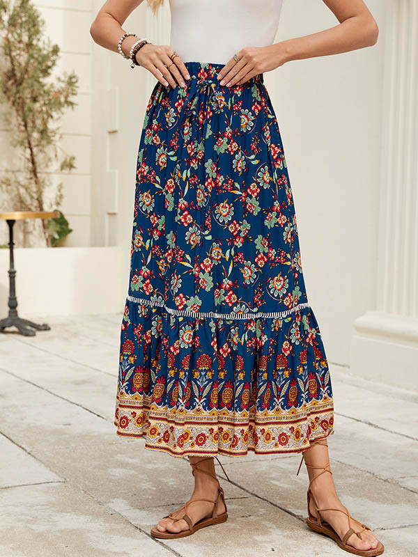 Split-Joint Pleated Flower Print Elasticity Loose Skirts Bottoms