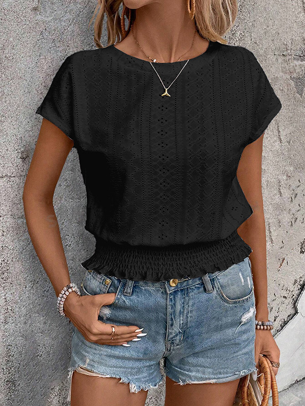 Solid Color Jacquard Hollow Elasticity Raglan Sleeve Loose Round-Neck T-Shirts Tops