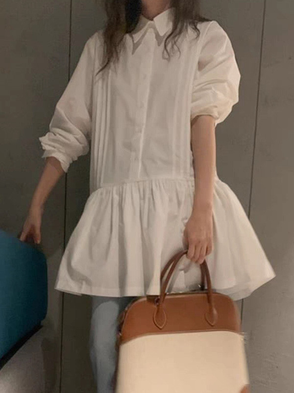 Solid Color Pleated Buttoned Loose Long Sleeves Lapel Shirt Dress Mini Dresses