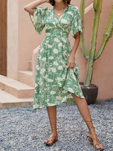 Pleated Contrast Color Buttoned Loose Half Sleeves V-Neck Midi Dresses