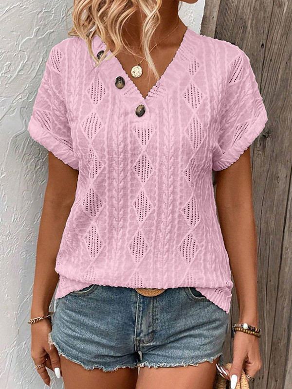Solid Color Buttoned Short Sleeves Loose V-Neck T-Shirts Tops