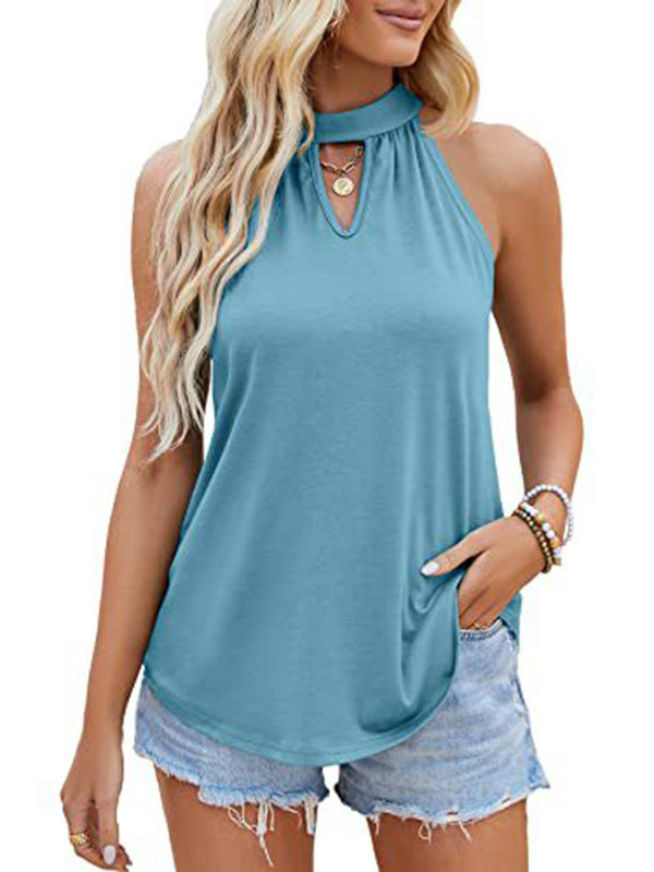 Tied Solid Color Pleated Hollow Colorful Sleeveless Loose Halter-Neck Vest Top