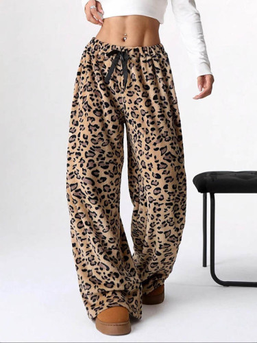 Women's Leopard Print Elastic Drawstring Wide Leg Loose Pants