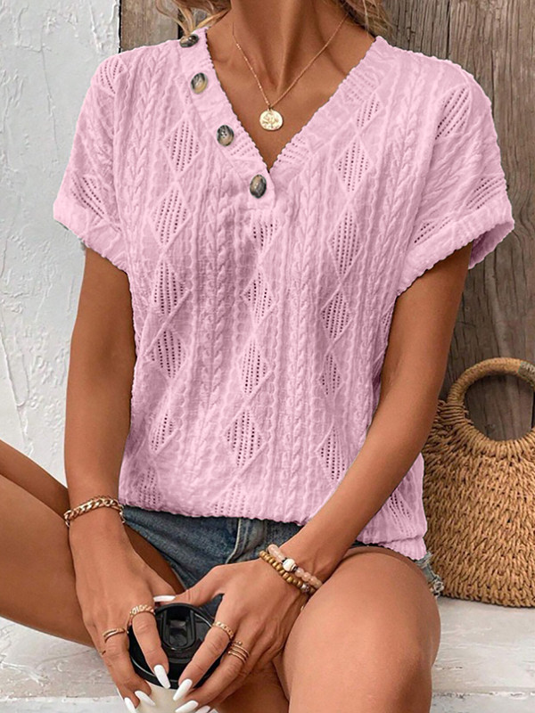 Solid Color Buttoned Short Sleeves Loose V-Neck T-Shirts Tops