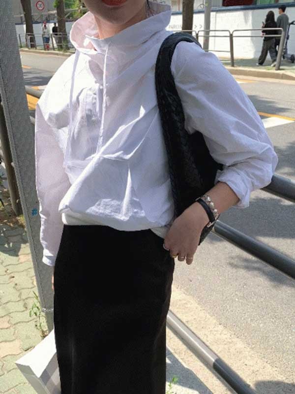 Sun Protection Striped Pockets Drawstring Loose Long Sleeves Stand Collar Sweatshirt Tops Outerwear