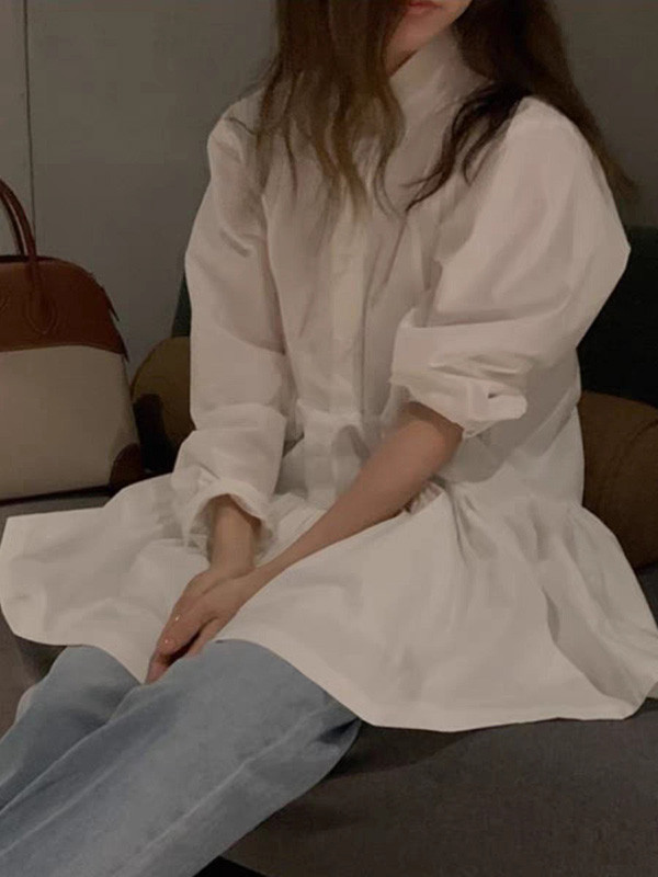Solid Color Pleated Buttoned Loose Long Sleeves Lapel Shirt Dress Mini Dresses