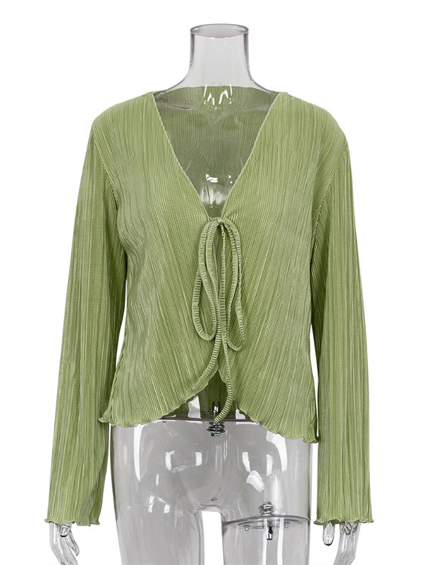 Split-Joint Solid Color Pleated Lace-Up Loose Long Sleeves Deep V-Neck Blouses&Shirts Tops