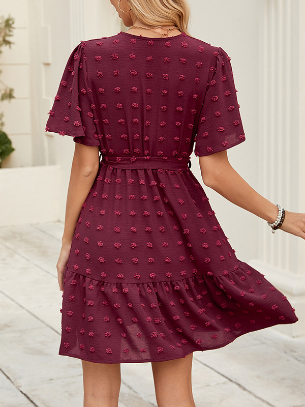 Tied Waist Solid Color Pleated Jacquard Short Sleeves Loose V-Neck Mini Dresses