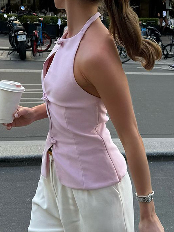 Solid Color Hollow Backless Sleeveless Halter-Neck Vest Top
