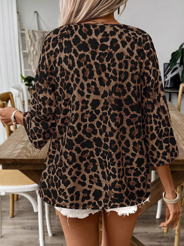 Printed Leopard Drawstring Three-Quarter Sleeves Loose V-Neck Blouses&Shirts Tops