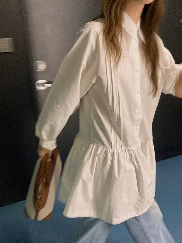 Solid Color Pleated Buttoned Loose Long Sleeves Lapel Shirt Dress Mini Dresses