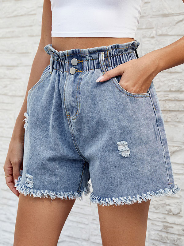 Pockets Fringed Elasticity Buttoned Wide Leg Loose Shorts Bottoms Jean Pants Bottoms