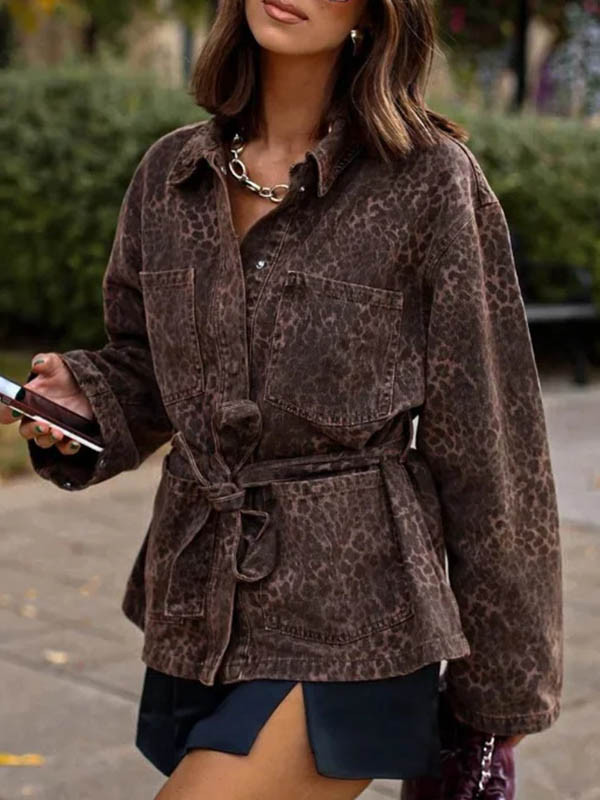Tied Waist Leopard Loose Long Sleeves Blouses&shirts Tops