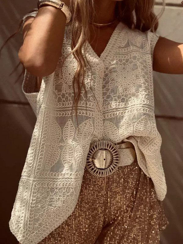 Embroidered Crochet Buttoned Sleeveless Loose V-Neck Vest Top