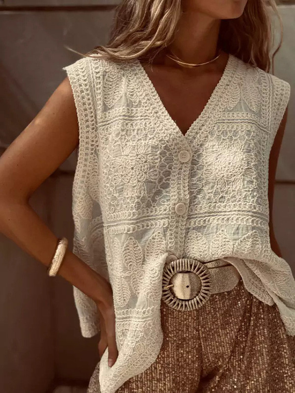 Embroidered Crochet Buttoned Sleeveless Loose V-Neck Vest Top