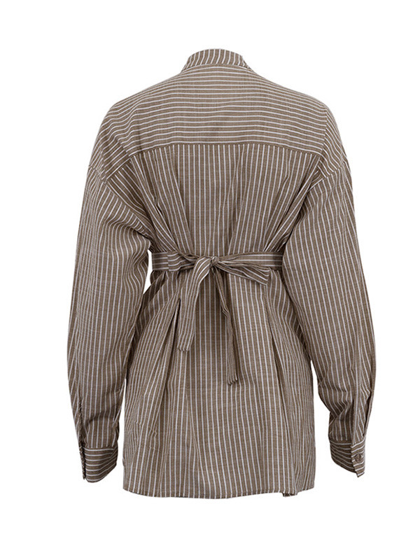 Striped Split-Toe Pleated Puff Sleeves Loose V-neck Blouses&shirts Tops