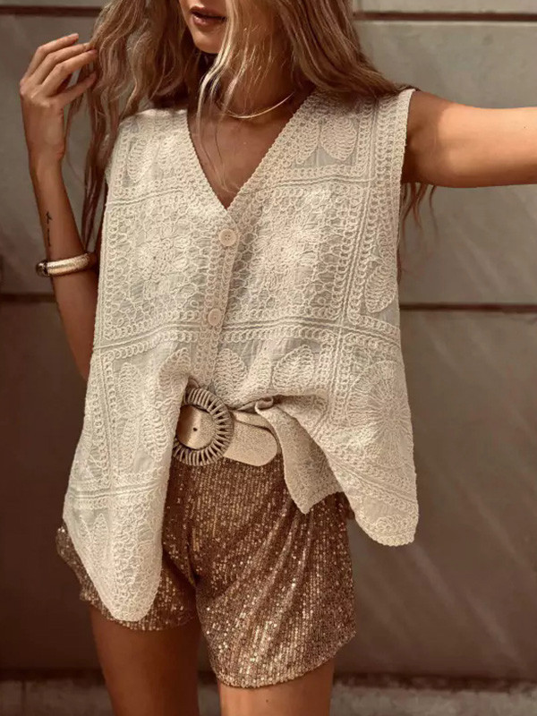 Embroidered Crochet Buttoned Sleeveless Loose V-Neck Vest Top