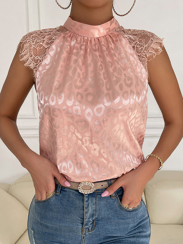 Tied Pleated Leopard Sleeveless Loose Mock Neck T-Shirts