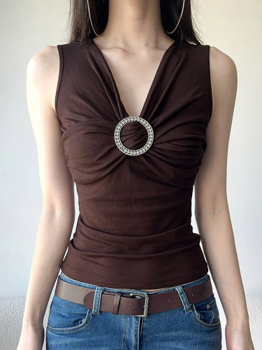Solid Color Pleated Sleeveless V-Neck Vest Top