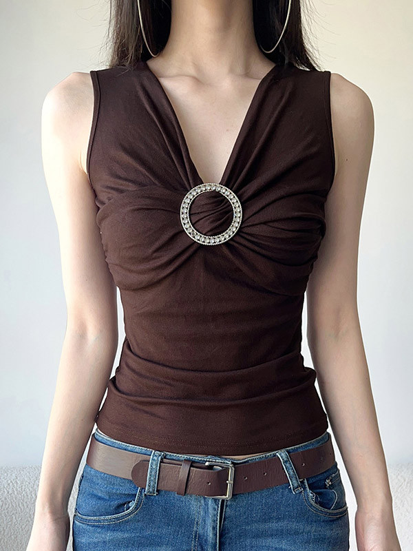 Solid Color Pleated Sleeveless V-Neck Vest Top