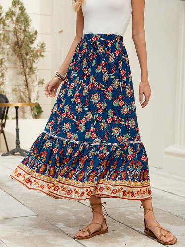 Split-Joint Pleated Flower Print Elasticity Loose Skirts Bottoms