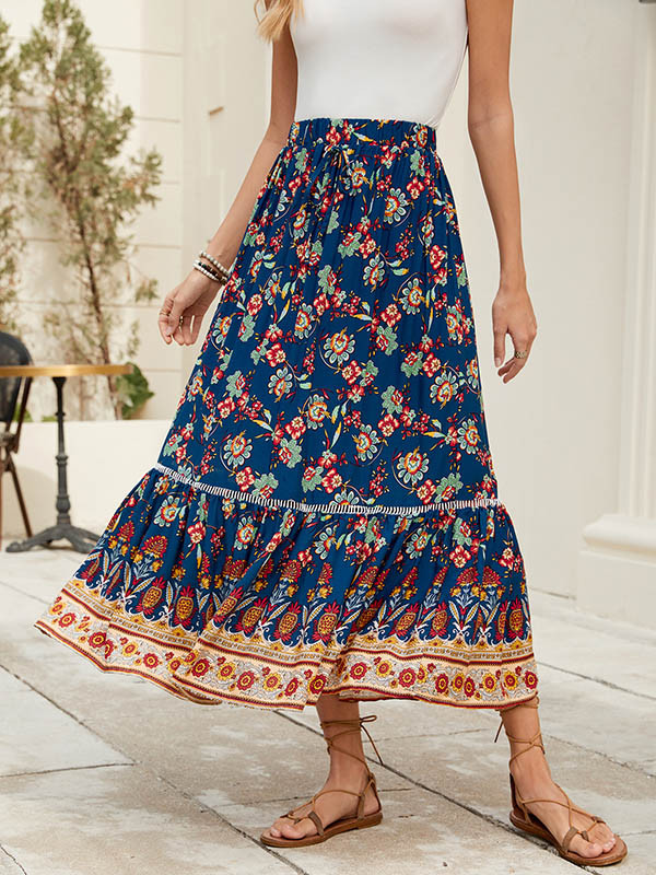 Split-Joint Pleated Flower Print Elasticity Loose Skirts Bottoms