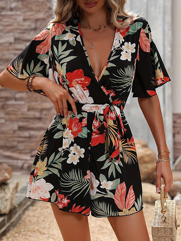 Tied Waist Flower Print Loose High Waisted V-Neck Rompers