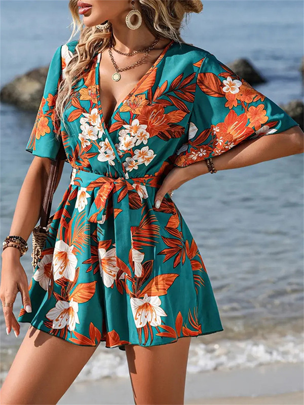 Tied Waist Flower Print Loose High Waisted V-Neck Rompers