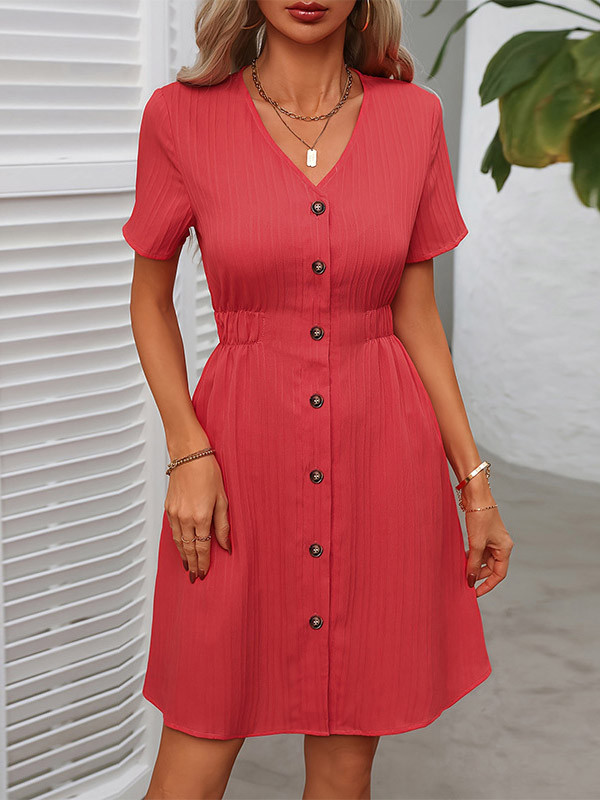 Solid Color Elasticity Buttoned Short Sleeves Loose V-Neck Mini Dresses