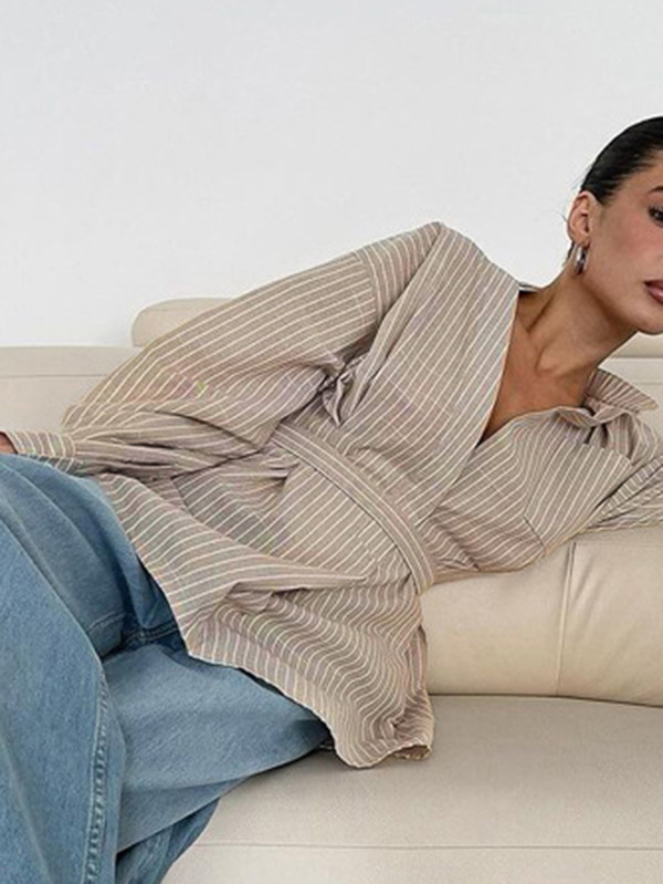 Striped Split-Toe Pleated Puff Sleeves Loose V-neck Blouses&shirts Tops