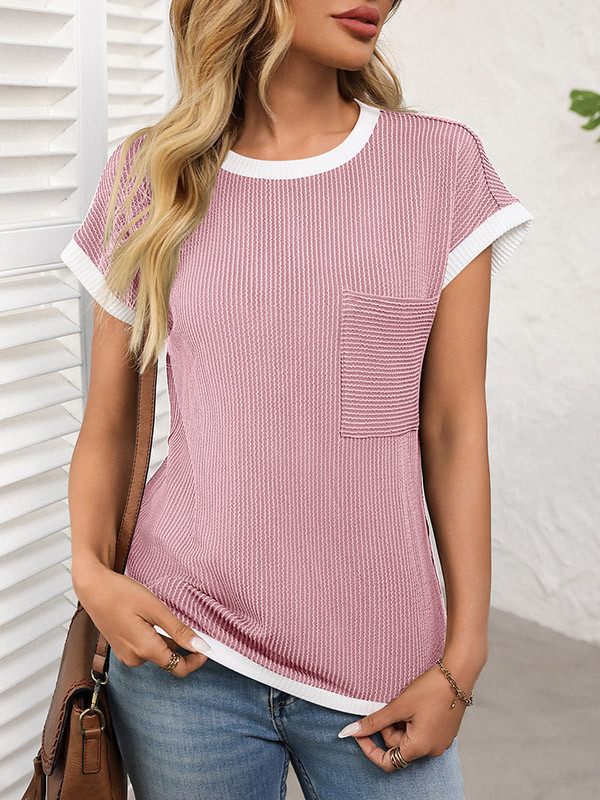Pockets Contrast Color Colorful Short Sleeves Loose Round-neck T-Shirts Tops