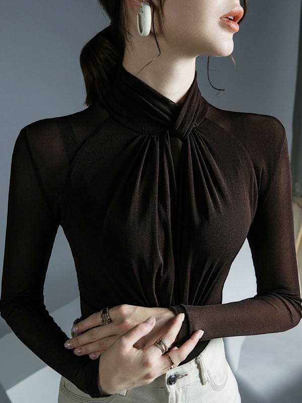 Solid Color Pleated Hollow Skinny Plus Size Mock Neck T-Shirts Tops